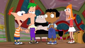 Phineas, Ferb, Buford, Baljeet, Isabella, and Candace in submarine
