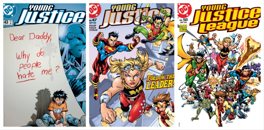 Young Justice #43, #47, and #50 covers