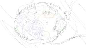 Layout sketch from Julie Roulet's ramen scene.